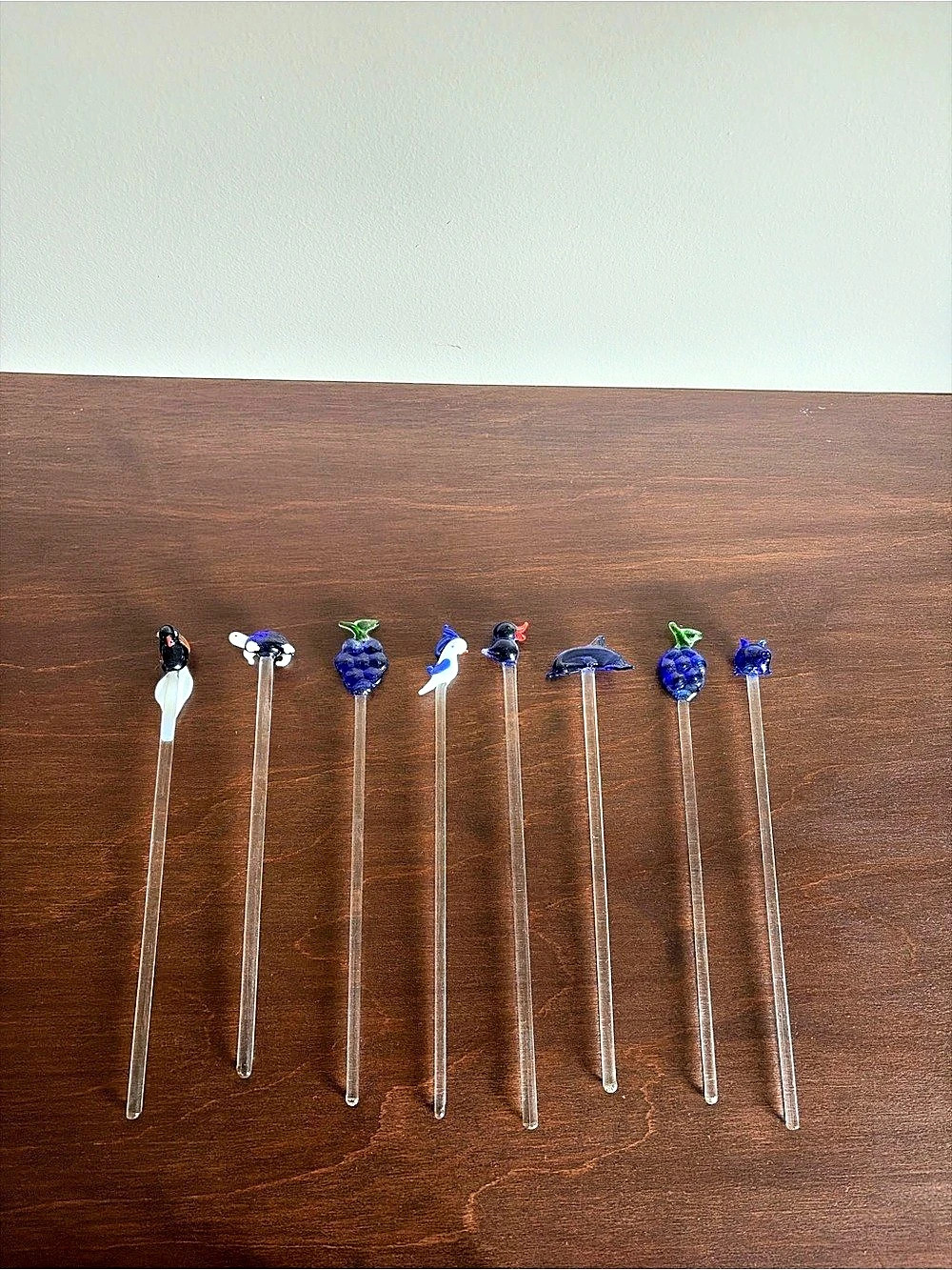 Set of 8 Decorative Glass Drink Stirrers Blue & White